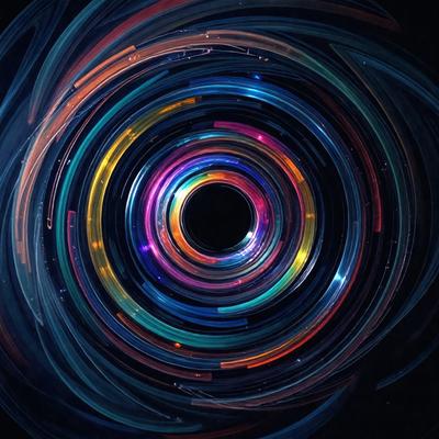 The primary subject of the image is a colorful, swirling circle with a black center. The circle is surrounded by a blue background, giving it a vibrant and lively appearance. The visual style of the image is a combination of photo and digital art, creating a unique and eye-catching design. The dominant colors in the image are blue, orange, and yellow, which contribute to the overall mood of the scene.
